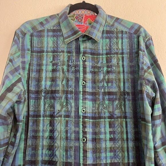 Robert Graham Dragon Embroidered Green & Blue Plaid Button Up Mens XL Shirt - Picture 10 of 11